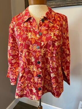 Christopher Banks Floral Button Up Jacket Linen & Cotton Blend Women’s Large